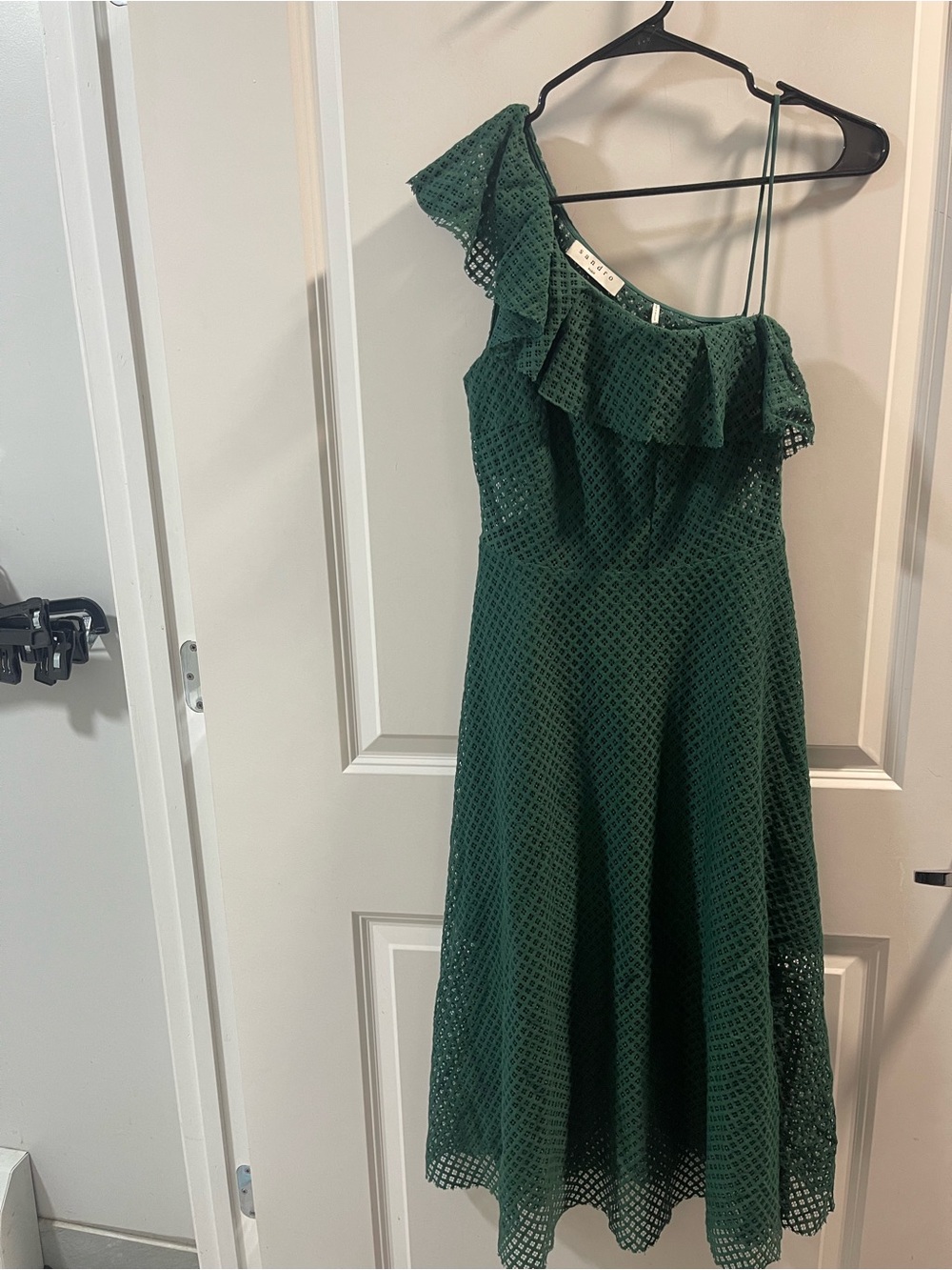 Sandro Paris Emerald Green One-Shoulder Eyelet Ruffle Formal Dress